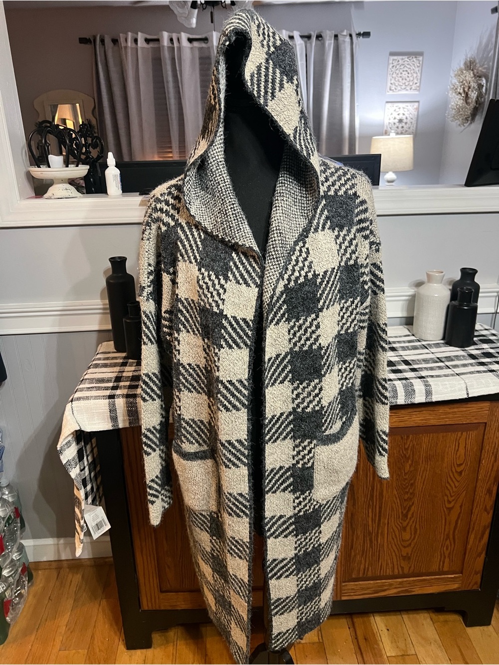 debut Black and Cream Plaid Hooded Long Coatigan